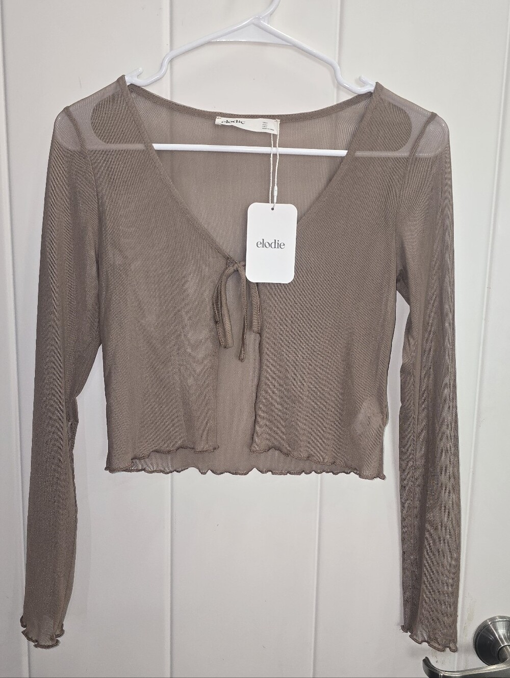 NWT Elodie Taupe Sheer Tie-Front Long Sleeve Top Size: Small